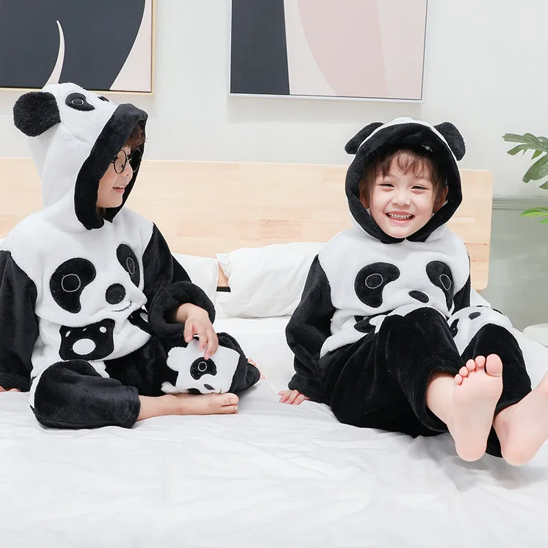 Зимние Детские пижамные комплекты теплая Пижама с пандой для мальчиков и девочек фланелевый комплект термобелья из флиса для детей от 2 до 5 лет