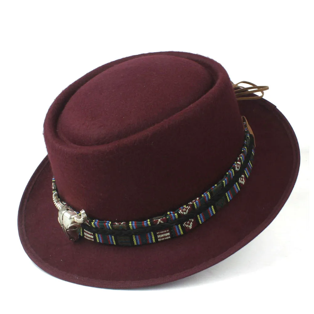 Модная мужская и женская шляпа-пирожок с головой коровы кожаный ремешок церковная джазовая шляпа размер 58 см - Цвет: Wine Red