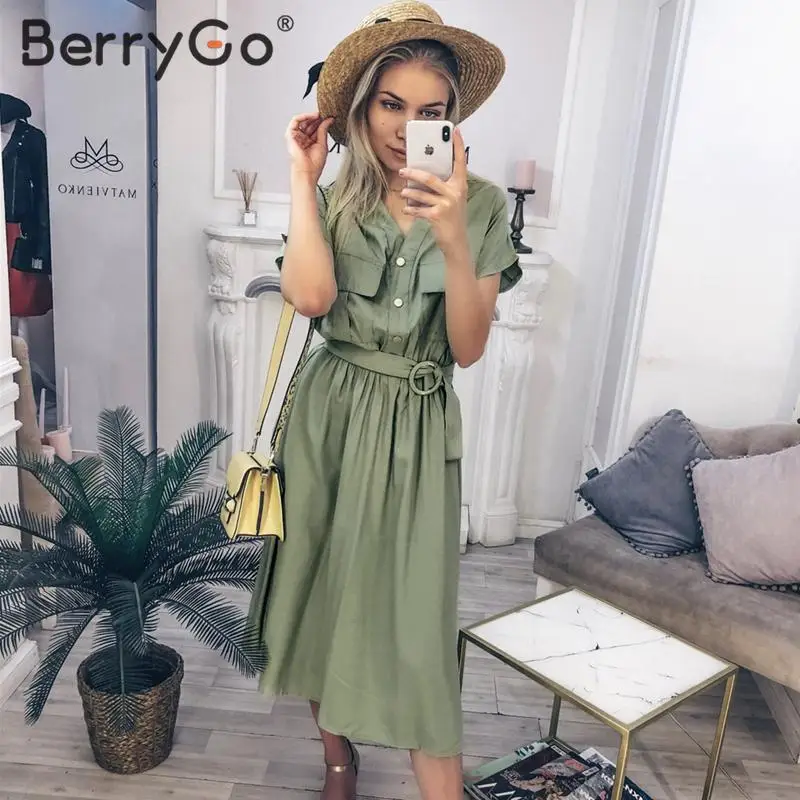 Женское винтажное платье миди BerryGo повседневное офисное с v образным вырезом и