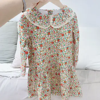 

2020 autumn and winter new products girls dresses red floral pattern corduroy fabric long sleeve dress