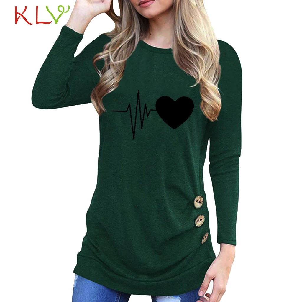 

T Shirt Women Button Fashion Love Print Casual Loose Tshirt Long Sleeve Winter Fall Pullover Femme Top Mujer Plus Size 2019 19Ag