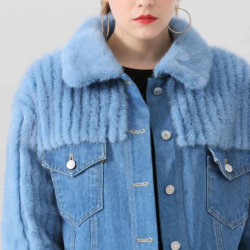 QIUCHEN PJ19040 New arrival real mink fur coat denim jacket women winter coat fashion model