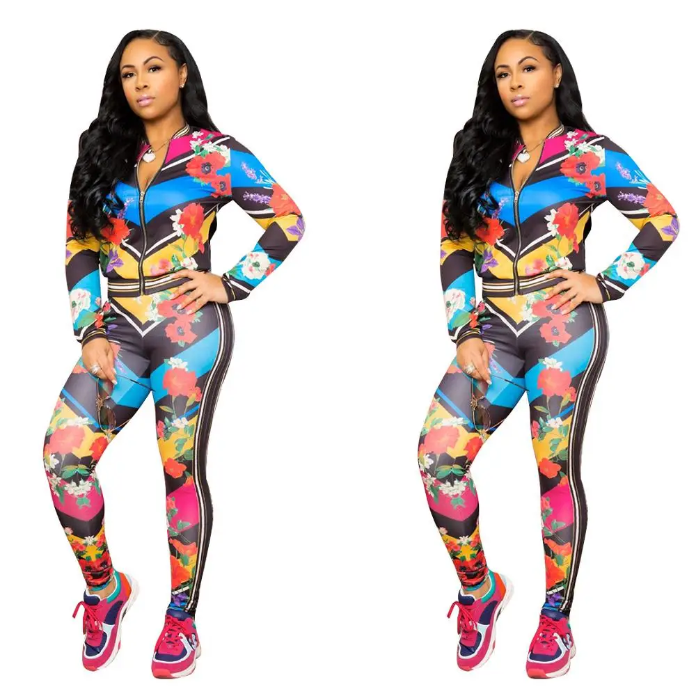 

Women's Fashion Digital Printed Casual Multi Colour Flower Two Pieces Set Zipper Jacket With Elastic Pants