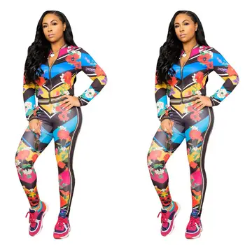 

Women's fashion digital printed casual multi colour flower two pieces set zipper jacket with elastic pants