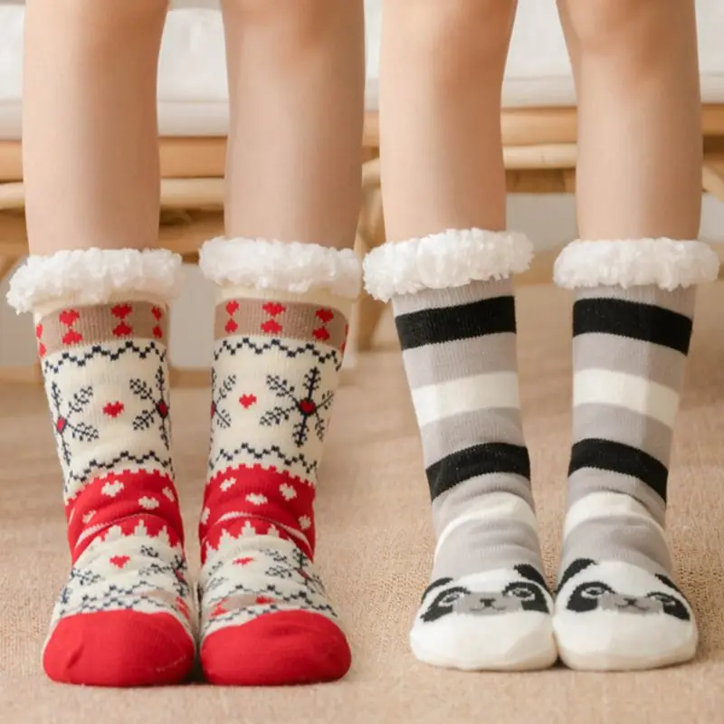 Зимние рождественские Пушистые Носки-тапочки унисекс с плюшевой подкладкой; вязаные теплые Нескользящие Чулочные изделия с рисунком оленя, лисы, медведя
