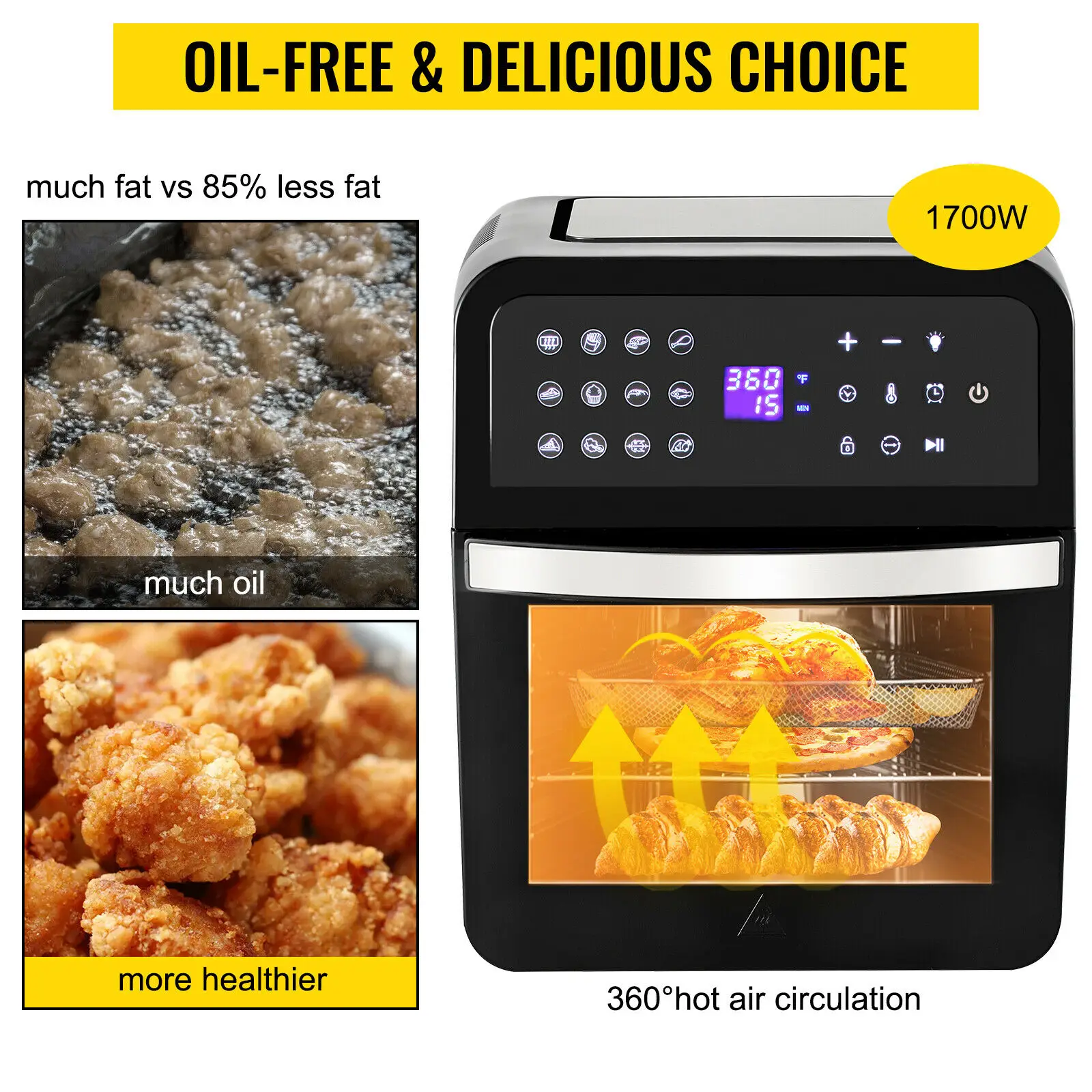 VEVOR 1700W Mini Electric Air Fryer Oven Tabletop Kitchen Toaster with Rotisserie for Pizza Roast Chicken Bread Snack Party Home - Image 5