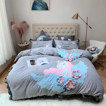 

Gray Cartoon Angel Unicorn Embroidery Winter Velvet Bedding set Fleece Fabric Duvet Cover Bed Sheet Pillowcases Gift For Child