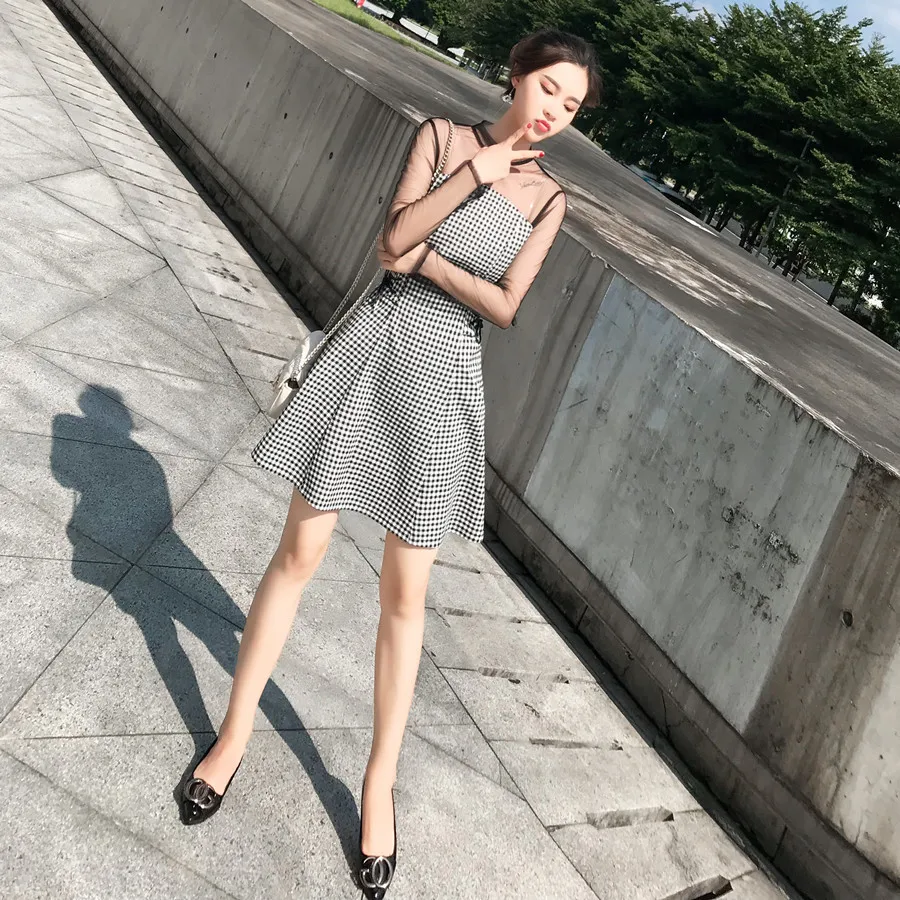 

Photo Shoot 2019 Early Autumn New Style Gauze Plaid Long Sleeve A- line Korean-style Dress Long Sleeve WOMEN'S Dress