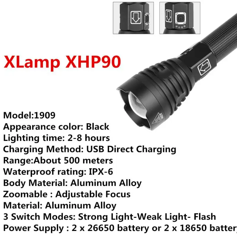 Супер мощный светодиодный фонарь XHP90 XHP70 с приближением, тактический фонарь, водонепроницаемый, ультра яркий фонарь XHP50, Лампа 18650, перезаряжаемая через USB