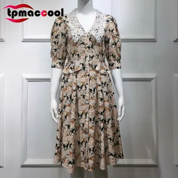 

Tpmaccool luxury designer 2020 women vintage Spring Summer New Pony Print French Retro Floral Chiffon Short sleeve midi Dress