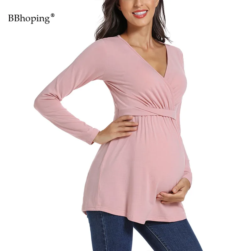 Женские топы для беременных с длинным рукавом и v-образным вырезом, с поясом, женские зимние блузки для беременных, элегантные мягкие дышащие ткани для кормящих