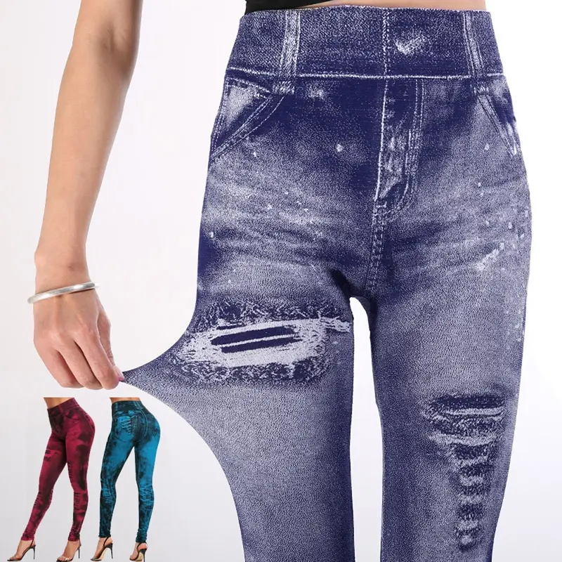 Sexy astic Imitation  Jeans Leggings High Waist Pants Fitness Slim Legg Mujer 2021 Sport Push Up Leggings For Women Hot peach lift leggings