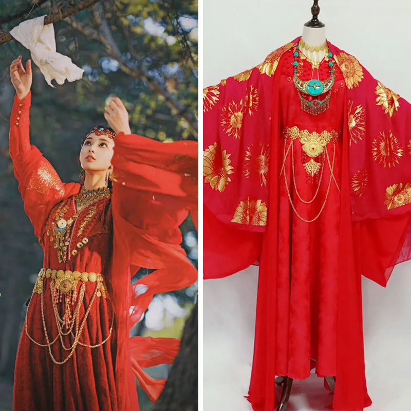 

Xiao Feng Red Princess Costume Hanfu for TV Play Dong Gong - Good Bye My Princess Red Bride Wedding Exotic Saree Cosplay