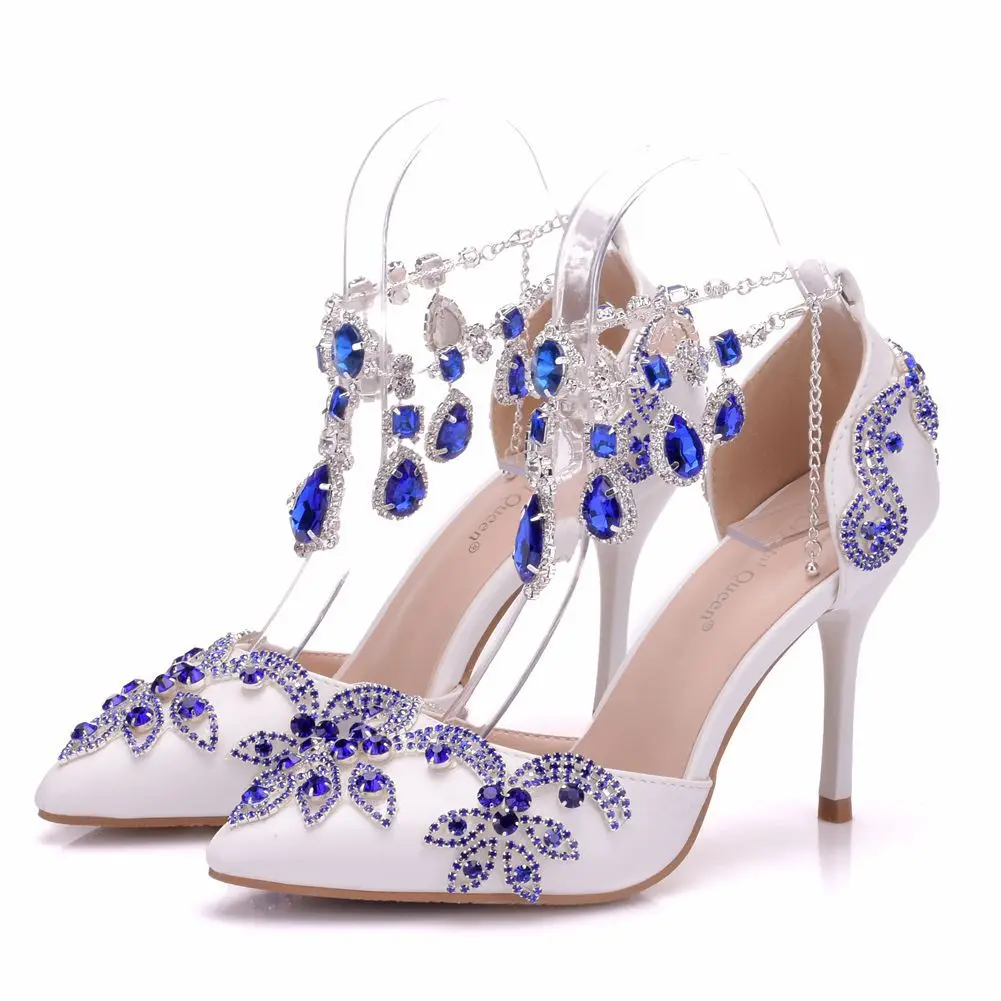 Женские туфли с бахромой и ремешком на щиколотке, украшенные стразами; цвет королевский синий; Модные женские свадебные туфли на тонком каблуке; туфли с пряжкой и украшением в виде кристаллов