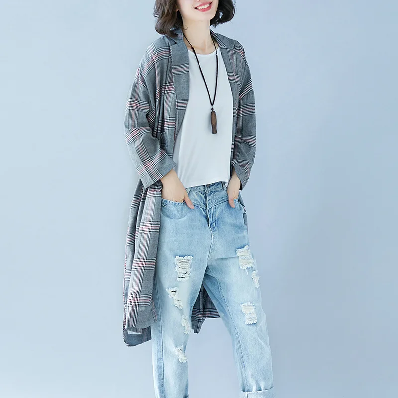

Korean-style Large Size Dress British Style Loose Cotton Linen Plaid Mid-length Light Jacket