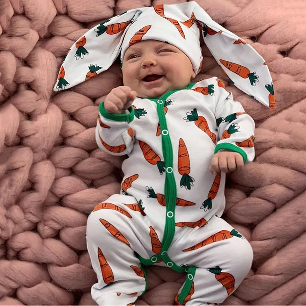 

2019 Infant Baby Boys&Girls Long Sleeve Cartoon Carrot Print Romper Jumpsuit+Rrabbit Ears Hat Set New Arrival