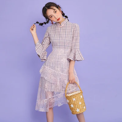 Photo Color SWEETXUE/модное милое платье Чонсам для девочек г. Летнее современное платье Ципао, женское китайское кружевное клетчатое платье, свободный рукав с принтом, элегантное платье - Цвет: Photo Color