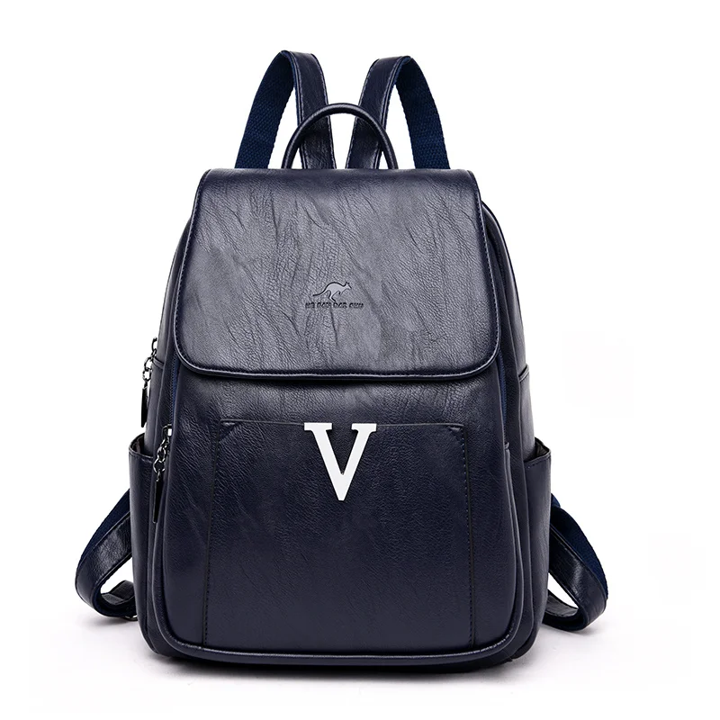Новинка, роскошный женский рюкзак из мягкой кожи, высокое качество, простая школьная сумка с v-образным вырезом для девочек-подростков, большая Вместительная дорожная сумка - Цвет: Blue