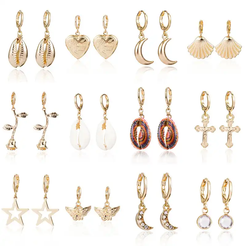 1 Пара Простой Милый Shell Звезда Роза Обруч Серьги Женщины Модный Золото Серебро Цвет Кристалл Луна Крест Ангел Круг Серьги Ювелирные Изделия...