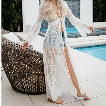 

2019 Women Boho Solid Lace Kimono Shirt Cardigan Long Sleeve Beach Cover Up Top Long Maxi Dress