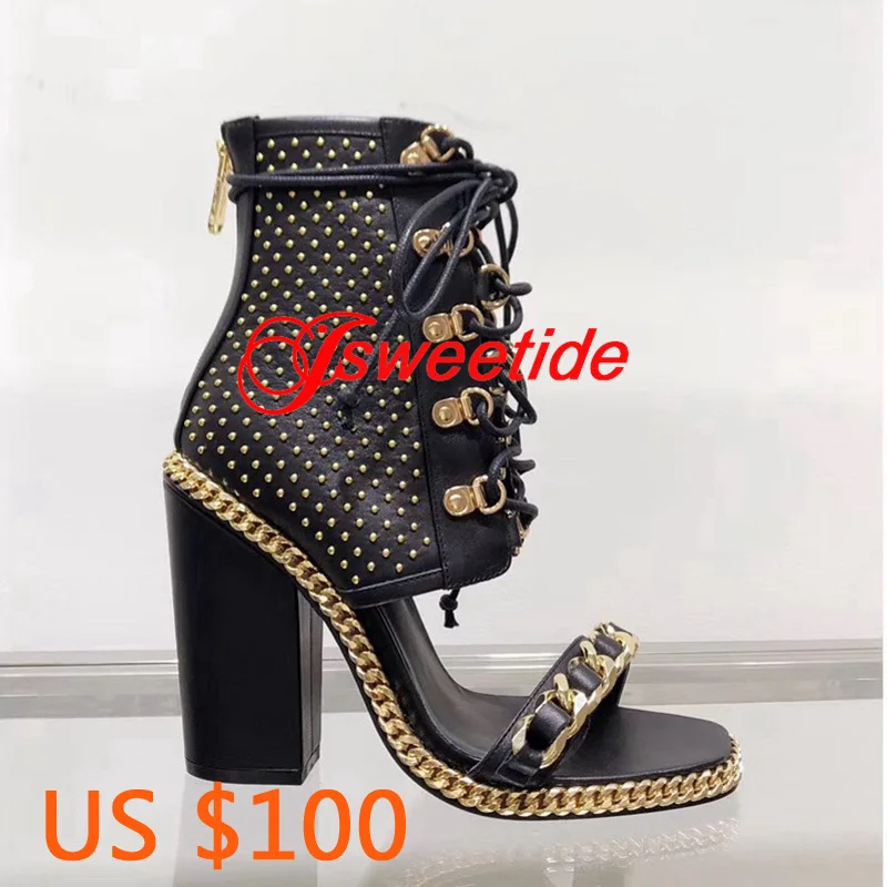 

Sexy Chains Rope Women Sandals High Heels Lace Up Gladiator Rivets Thick heel Sandals Summer Ankle boots Sandals Woman
