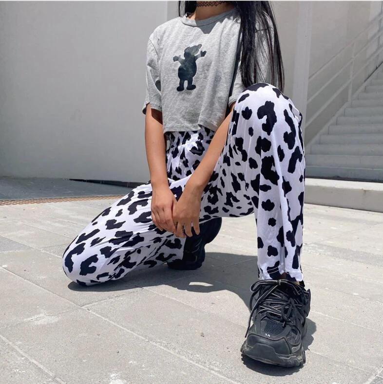 

XUXI Summer, Thin, Cow Print, Loose, Straight, Casual, Pants, Women, High Waist, Elastic, Thin, Wide Legs, Pantalon Femme FZ2505