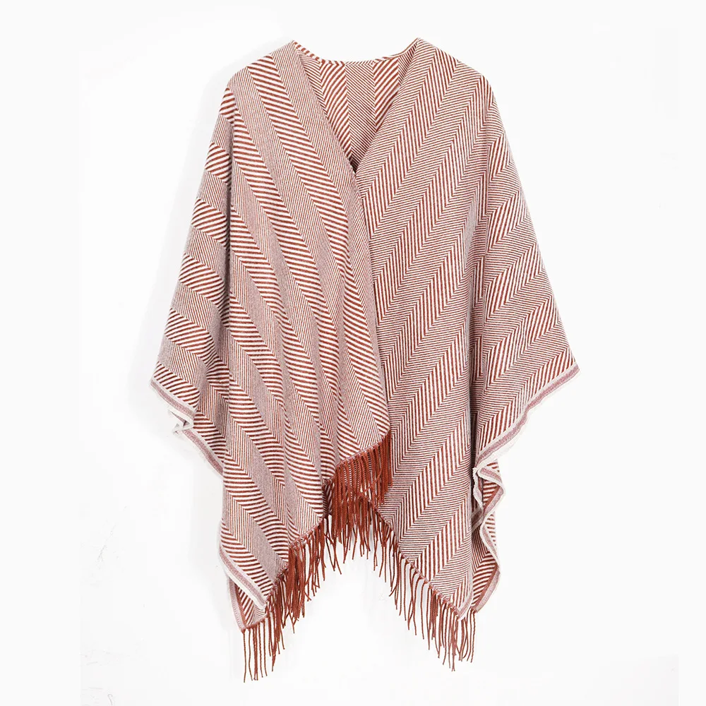 2024 Winter Women's Ponchos Knitting Cape Large Shawl Cardigan Elegant Herringbone Striped Cloak Coats Tassel Throw Blanket