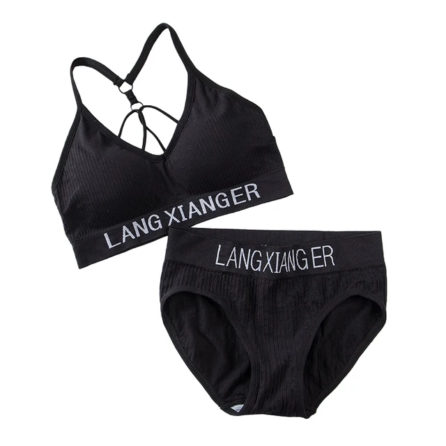 New Women's Cotton For Underwear Set Letter Sports Bra  Seamless Female Underwear Comfort No Steel Ring Suit Solid Color Chest black