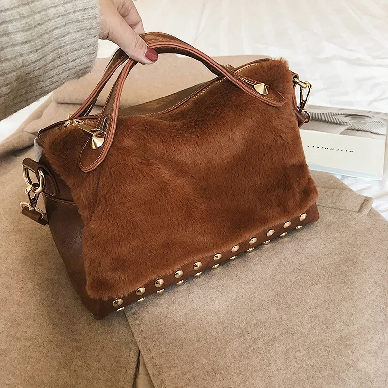 

Winter plush Boston pillow bag rivet single shoulder oblique female bag