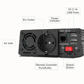 EDECOA-Inversor de potencia de onda sinusoidal pura, con control remoto y USB, 5 V, 2,1 A, CC de 12V a CA de 220 V, 1000 W, máximo 2000W 2