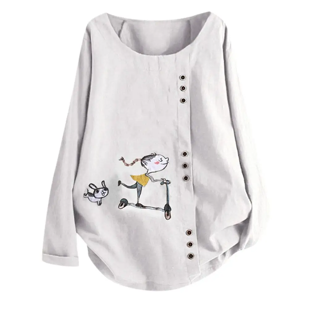 5XL Женская Осенняя блузка с рисунком плюс размер женский o-образный вырез с принтом свободная кнопка с длинным рукавом Свободные топы модная одежда белый - Цвет: C WHITE