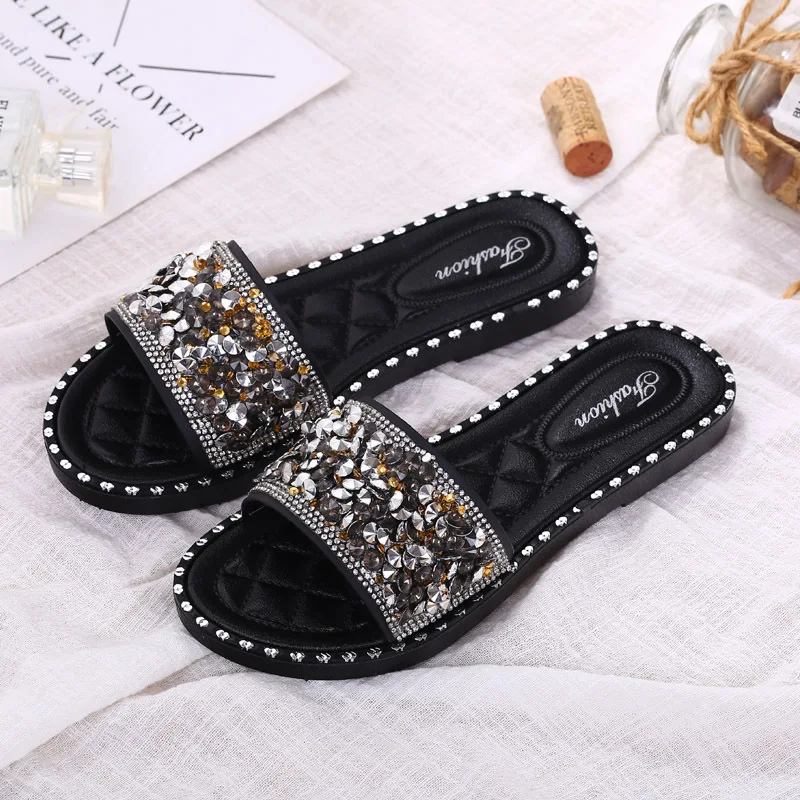 

Slipper Women's New Style Summer Korean-style Fashion Flat Man-made Diamond A- line with Slippers Anti-slip Versatile Outdoor Sa
