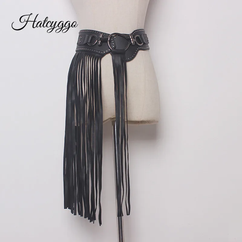 

Fashion Leather Cummerbund Women Wide Belt Female Waistband Elastic Strap Punk Rivet Waist Belt Black Suspenders Belts Tassels