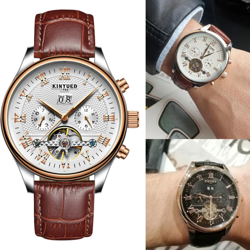 Мужские механические Автоматические наручные часы KINYUED Skeleton Tourbillon спортивные