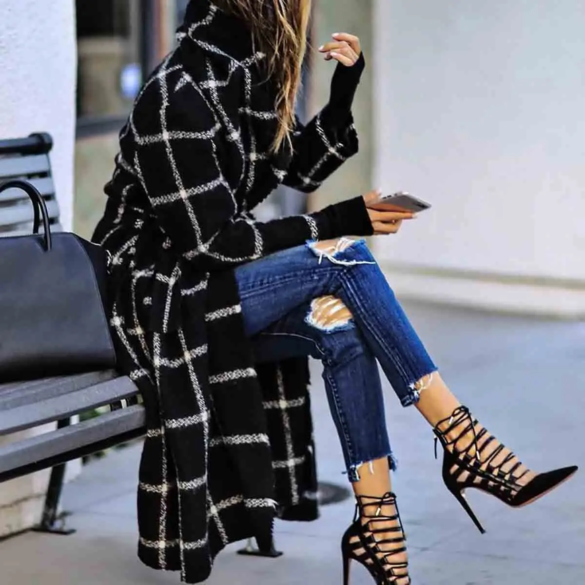 

Autumn Winter Women Plaid Elegant Trench Jacket Long Sleeve Slim Coat Fashion Casual Long Black Coat Wool Blends