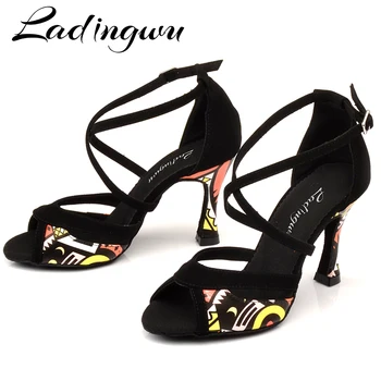 Ladingwu Latin Dance Shoes For Women Black Flannel and Orange African print Salsa Dance Shoes Women's Ballroom Dance Sandals 1