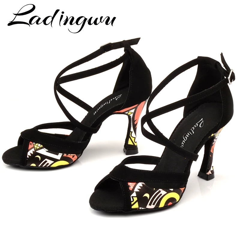 Ladingwu Latin Dance Shoes For Women Black Flannel and Orange African print Salsa Dance Shoes Women's Ballroom Dance Sandals