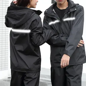 

Two-piece Unisex High Visibility Reflective Hooded Raincoat Pongee Long Sleeve Waterproof Breathable Pants Set Rain Suit