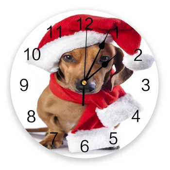 

Circular Wall Clock Christmas Pet Dog Hat Wall Clock Home Decor Bedroom Silent Oclock Watch Wall for Living Room