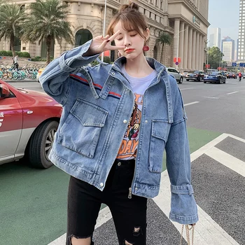 

2020 New Autumn Jacket Women Loose Large Pocket Turtleneck Long Sleeve Zipper Jacket Vintage Letter Embroidered Denim Jacket