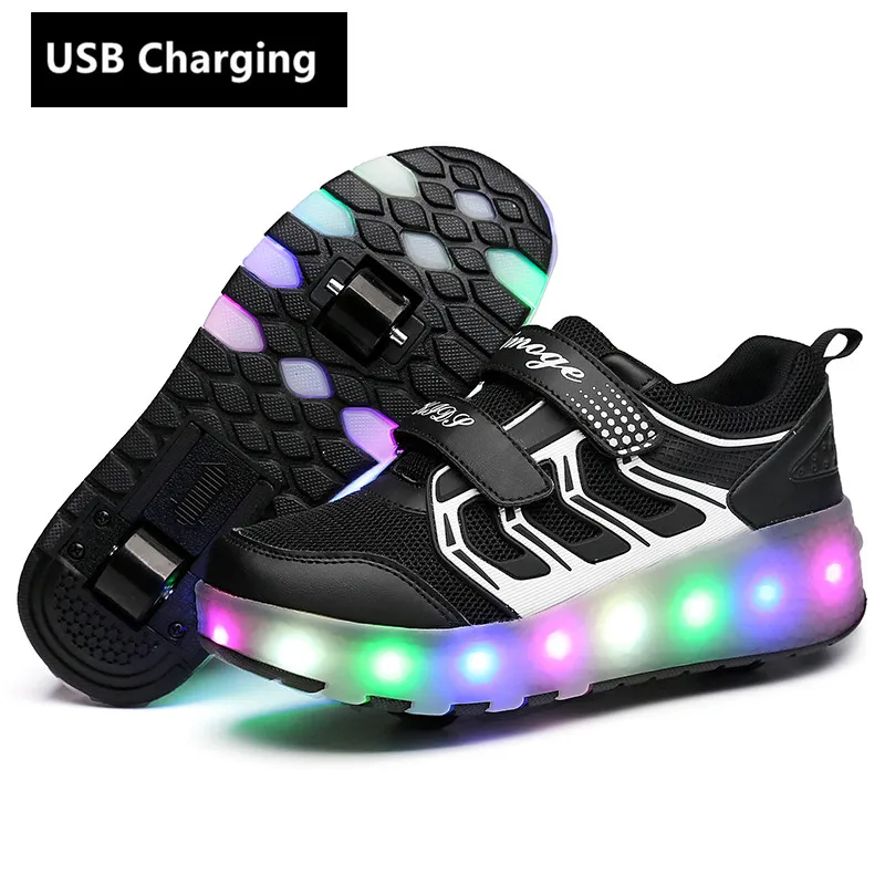 girls leather shoes New One wheels USB Charging Fashion Girls Boys LED Light Roller Skate Shoes For Children Kids Sneakers With Wheels Two wheels children's shoes for adults Children's Shoes