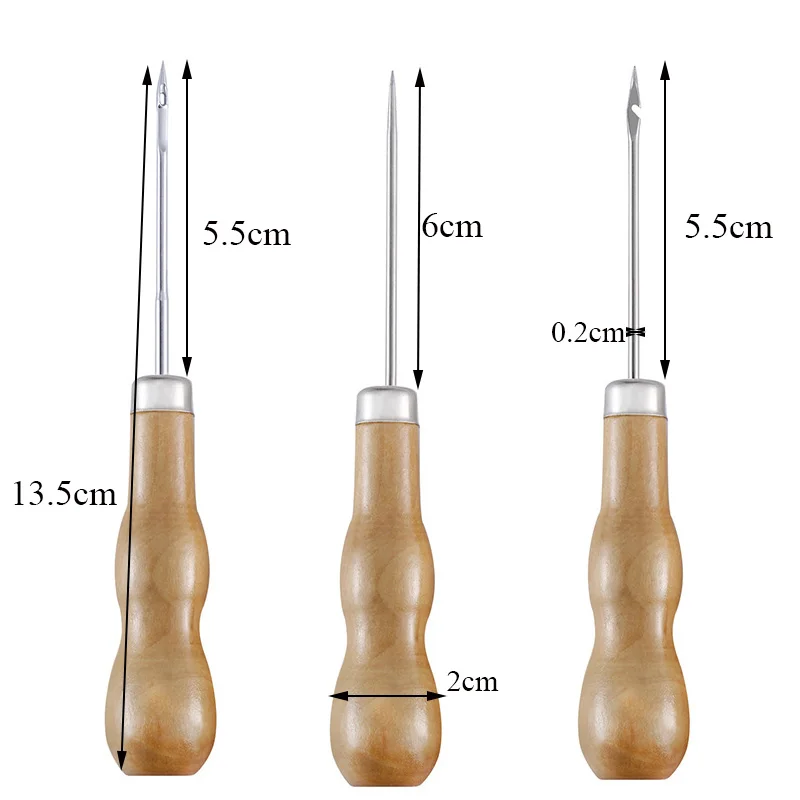 3/1PCS Wooden Handle Sewing Awl DIY Carft Canvas Shoes Threader
