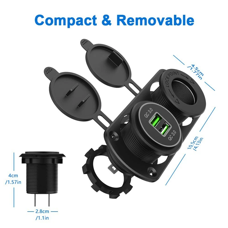 Автомобильное зарядное устройство T Dual Qc3.0 Быстрая зарядка и гнездо прикуривателя, водонепроницаемый и пылезащитный, для 12 В/24 В автомобиля лодки
