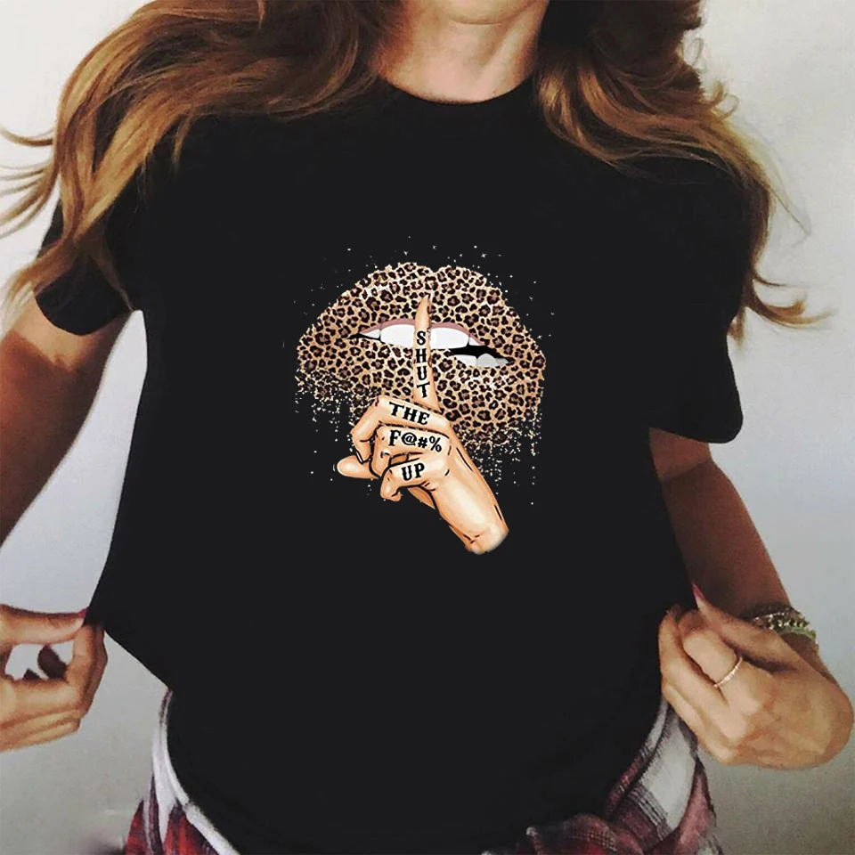 2020 Lips Leopard Graphic T Shirt lip Women Tops Shirt Base O-neck camisa leopard Black Tees Kiss Leopard Lip Funny Girls Tshirt