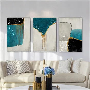 

Modern Abstract Painting Big Size Poster Blue Print Gold Wall Art Picture for Living Room Modern Cuadros Canvas Art add frame