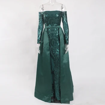 

Green Stretchy Sequined Padded Full Length Maxi Dress Off the Shoulder Slash Neck Lining Party Dress Bodycon Elegant Maxi Dress
