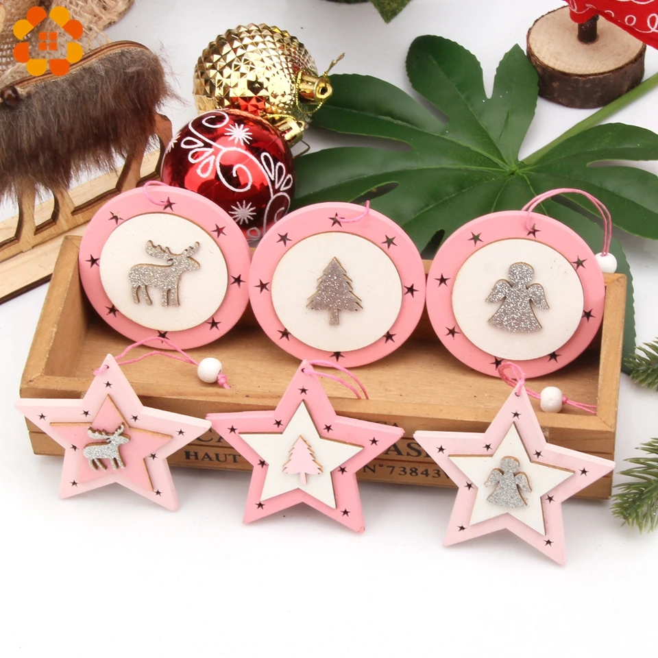 

2PCS Pink Round/Star Deer/Angel/Tree Christmas Wooden Pendant Ornaments Craft Christmas Decorations Xmas Tree Ornaments Gifts