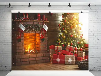 

VinylBDS Indoor Christmas Photography Backgrounds Fireplace Christmas Decorations For Home Gift Toy Children Studio Background