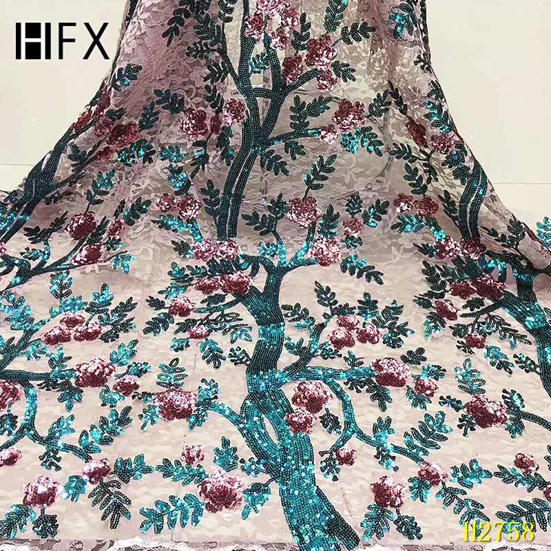HFX блестящая кружевная ткань зеленые красные блестки нигерийские кружева ткань высокого качества французский Тюль кружевная ткань для женского платья F2758