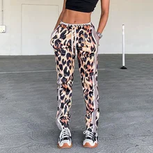 

Aniow Leopard Animal Print Wide Leg Pants Side Striped Print Hight Waist Casual Sweatpants Street Patchwork Long Trousers Outfit